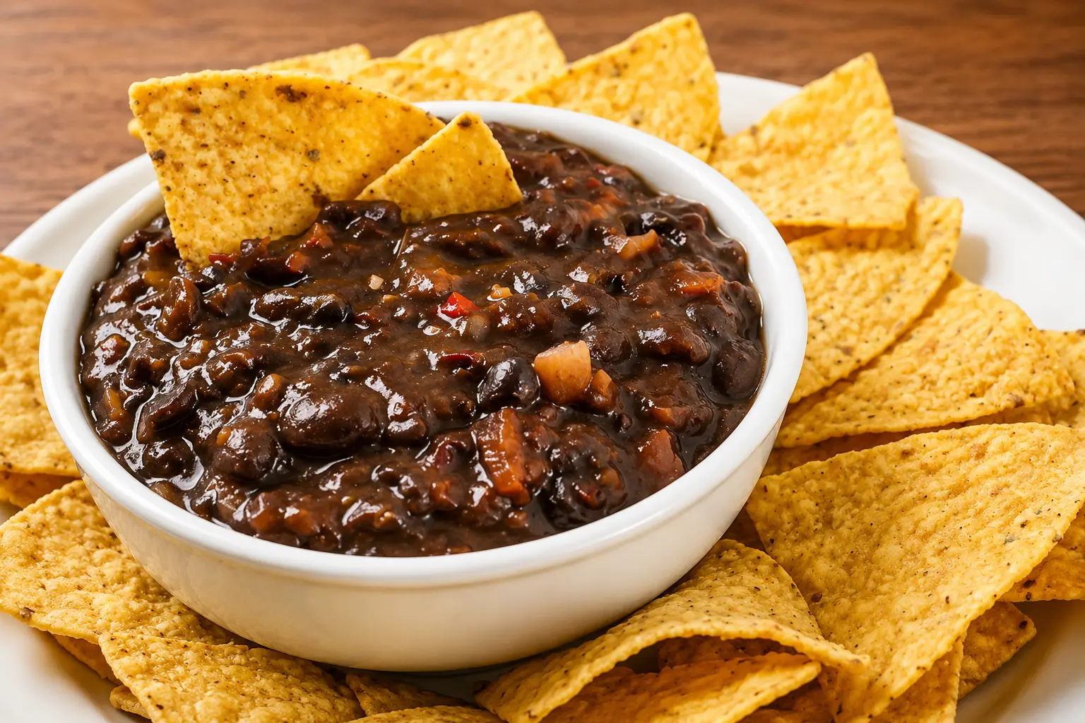 Totopos and beans with fresh tortilla chips and salsa at La Taqueria in Winnipeg, MB